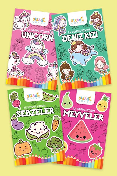 STAAU Çocuk Ilk Boyama Kitabım - Eğlenceli Boyama Seti 1 - Deniz Kızı / Unicorn / Meyveler / Sebzeler