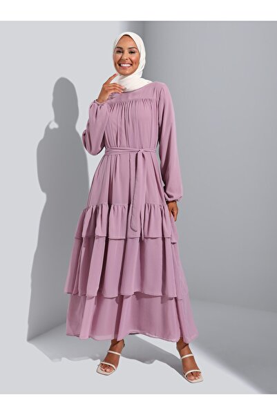 Refka فستان حجاب شيفون مبطن بحزام - وردي غامق -