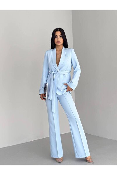 han fashion Megköthető műzsebes öves kendőgallér Blézer dzseki Pipe láb rugalmas nadrágkosztüm