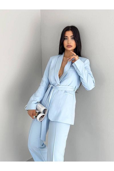 han fashion Felköthető hamis zsebek derékpántos kendő hajtóka blézer dzseki csőszár rugalmas nadrág öltöny