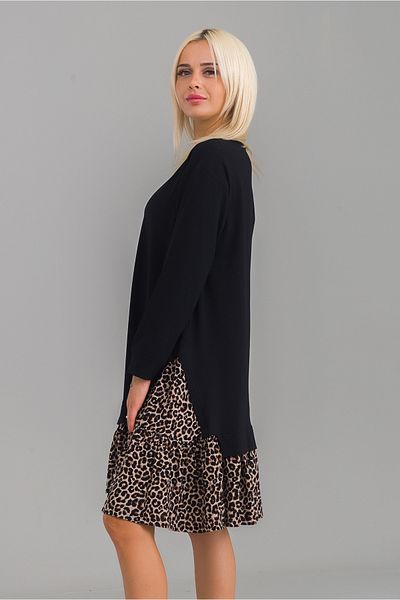 Bold & Young Rochie de damă de culoare neagră din bumbac lycra tricotată, viscoză, imprimeu leopard