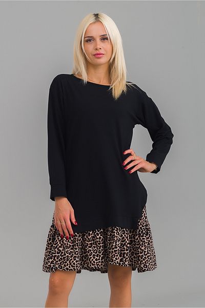 Bold & Young Rochie de damă de culoare neagră din bumbac lycra tricotată, viscoză, imprimeu leopard