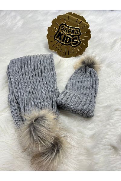 ŞAPKAKİDS Tricotaj Eșarfă Set Beretă Gri Unică Pompon