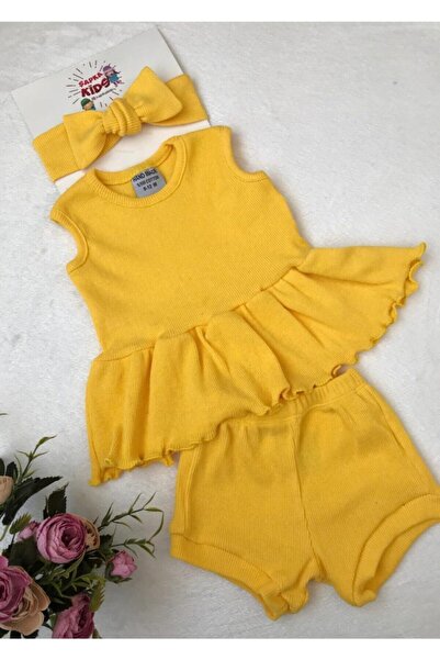 ŞAPKAKİDS Ribana Şort Bluz Ve Ribana Bandana Set