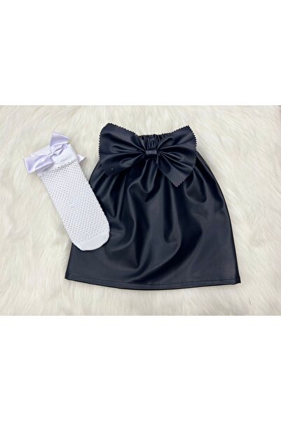 ŞAPKAKİDS Siyah Deri Etek Ve File Çorap