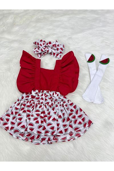 ŞAPKAKİDS Watermelon Ruffle Salopet Bandana Socks Set