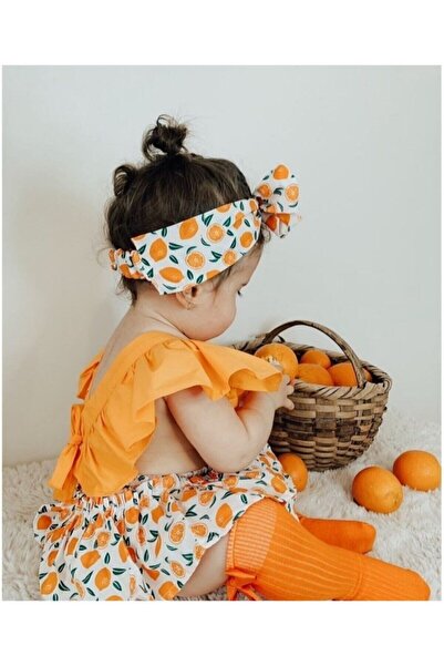 ŞAPKAKİDS Baby Girl Orange Orange Pattern Salopette Bandana Set