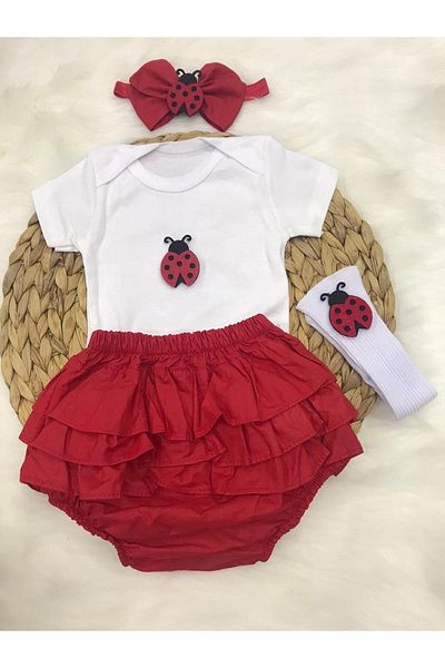 ŞAPKAKİDS Red Shorts, Ladybug Patterned Bodysuit Bandana and Socks Set for Baby Girl