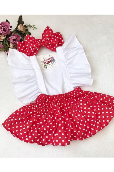 ŞAPKAKİDS Red Polka Dot Salopet and Bandana Set
