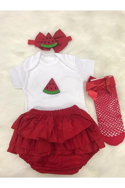 ŞAPKAKİDS Red Watermelon Patterned Baby Girl Shorts Bandana and Bodysuit Socks Set