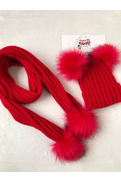 ŞAPKAKİDS Women's Red Knitwear Scarf Beret Set