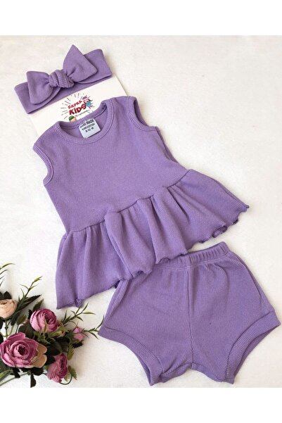 ŞAPKAKİDS Ribana Şort Bluz Ve Ribana Bandana Set