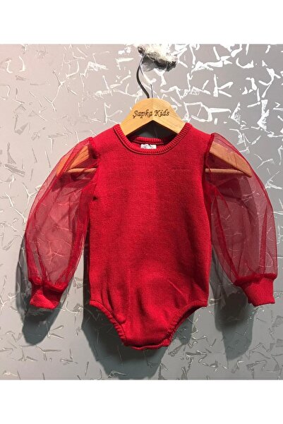ŞAPKAKİDS Baby Girl Red Ribbed Sleeves Tulle Single Top