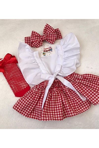 ŞAPKAKİDS Red Piti Square Ruffled Bandana Socks Salopet Set