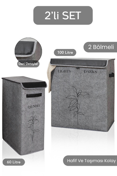 Meleni Home Keçe 2 Boy Çamaşır Kirli Sepeti Çok Amaçlı Oyuncak Organizer Kapa...