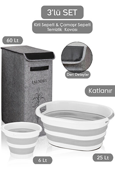 Meleni Home Kapaklı Keçe Çamaşır Sepeti Katlanır Saklama Selesi 3'lü Set Gri ...