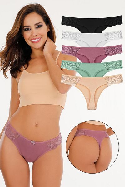 Sensu Women's Lace Detailed Thong 5-Piece Panties Set - Kts2075 (Wide Fit)