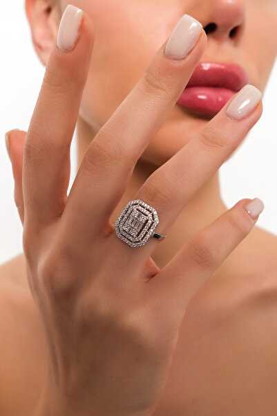 Side Gold Kuyumculuk 8 Ayar Beyaz Altın Zirkon Taşlı Büyük Baget Yüzük