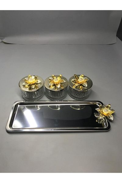 Aslı Hediyelik Lily Flower Elysia Silver 3-Piece Snack Bowl, presentation bowl, spice bowl, ice cream bowl, treat bowl, Glass Bowl