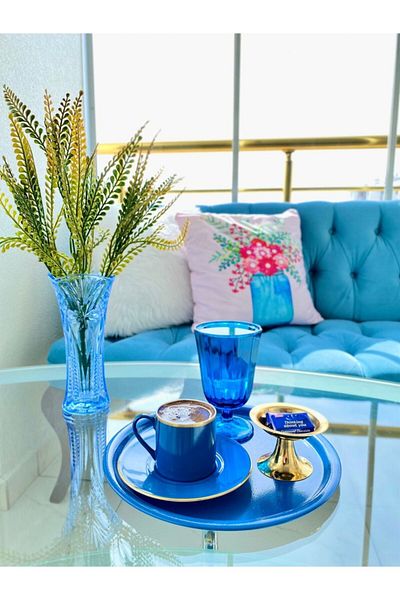 Aslı Hediyelik Metal Blue Single Decorative Tea, Coffee and Cake Service Presentation Tray 23 Cm