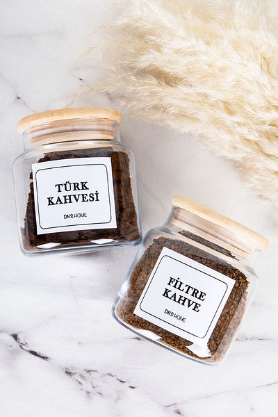DNS HOME 2-Piece Wooden Vacuum Lid Labeled Filter Coffee And Turkish Coffee Storage Container Glass Jar 500 ml