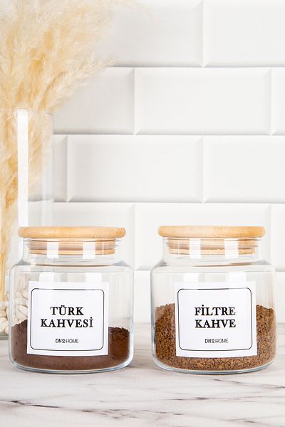 DNS HOME 2-Piece Wooden Vacuum Lid Labeled Filter Coffee And Turkish Coffee Storage Container Glass Jar 500 ml