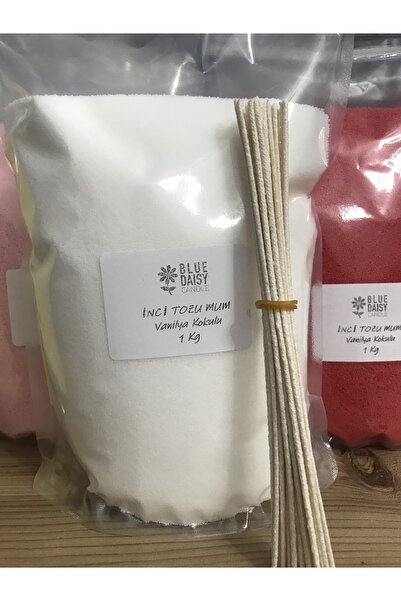 BlueDaisyCandle 1 Kg Inci Tozu Mum ( 25 Adet 20 Cm Fitil Ile ) Vanilya Kokulu Beyaz Toz Mum , Kum Mum , Kokulu Mum