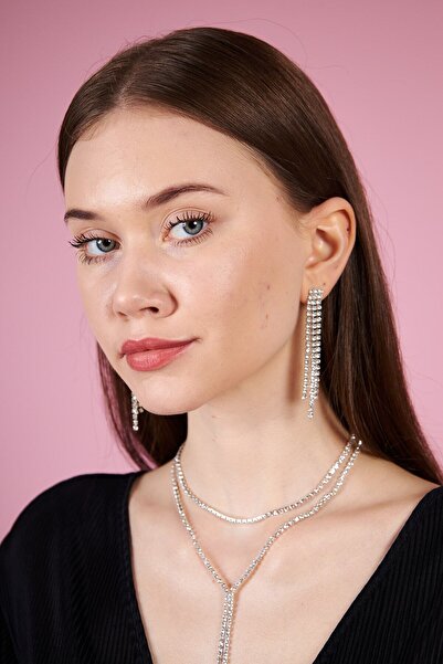 irva collection Kadın Taşlı Sallantılı Uzun Su Yolu Gümüş Renk Abiye Küpe