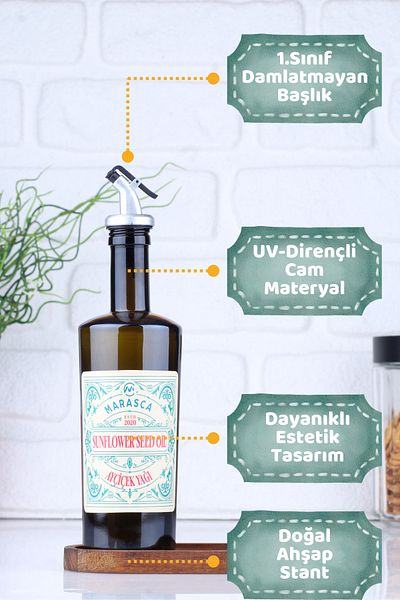 incili home Rustic Set of 2 500 ml Olive Oil Bottles with Wooden Stand Oil Pot Oil Bowl 500 Gold Head