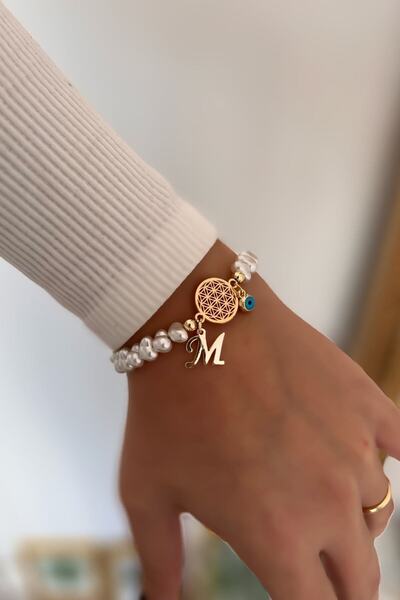 Trendy Butik Flower of Life Bracelet with Letter m and Evil Eye Hanging Pearl...