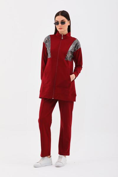 WestBound Women's Leopard Sequined Casual 2-Piece Sports Set Claret Red