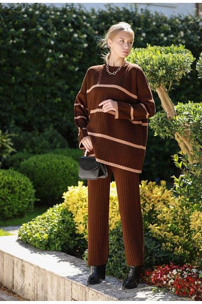 Moda Asrın Women's Striped Woven Brown Knitwear Set