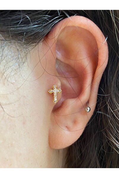 Arescollection Cerrahi Çelik Gold Haç Tragus Kıkırdak Piercingi