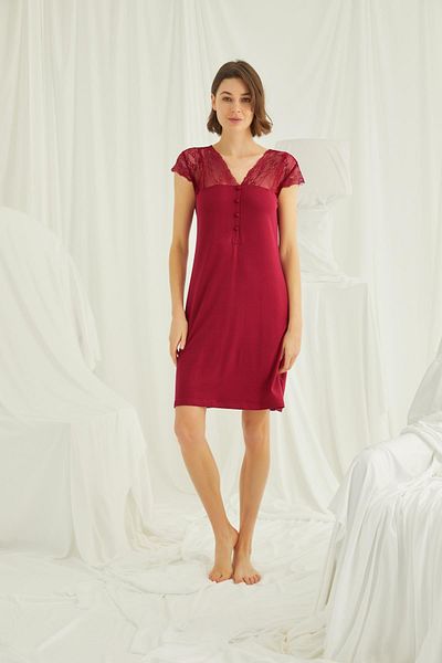 MONAMİSE Monamise Women's Sleeve Shoulder and Collar Lace Front Buttoned Nightgown 18480