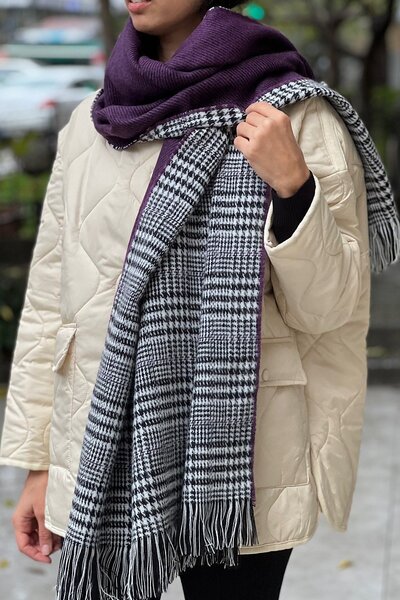 novon Plaid Patterned Wool Textured Double Sided Scarf Shawl
