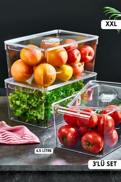 MİHEL Gloss XXL 3-Piece Fridge and Cabinet Organizer with Lid - Organizer Storage Container Home