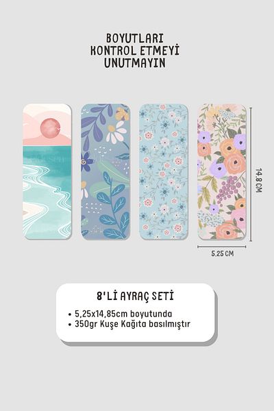 Eldesen Tasarım Flower Themed 8-Piece Bookmark Set - 5.25X14.85Cm, Thin