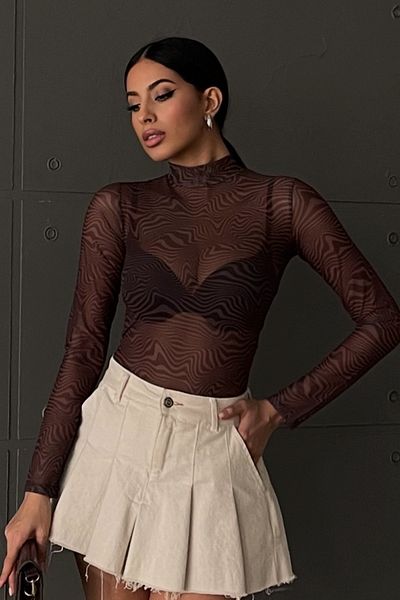 Bipantolon Γυναικεία μπλούζα σε καφέ Zebra Print Tulle Sheer