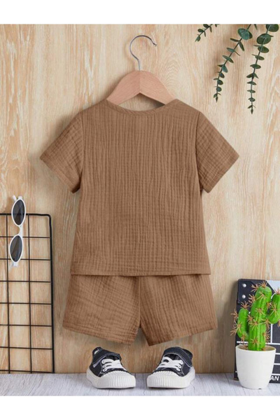 Bubito Unisex Baby&Child 100% Cotton Buttoned Muslin Bottom Top Shorts Set-Brown