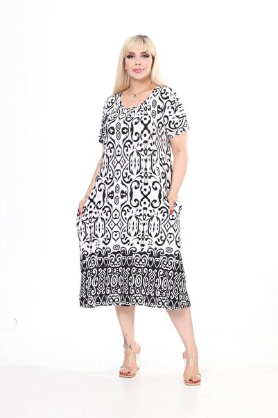 mami butik Plus Size Short Sleeve Above Knee Double Pocket Standard Size Styl...