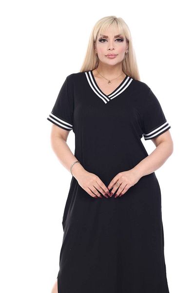 mami butik LARGE SIZE BLACK STRIP DETAIL V-NECK SHORT COTTON SLIT WITH DOUBLE POCKET VISKOSE COMBED DRESS