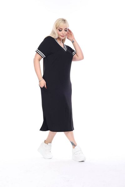 mami butik LARGE SIZE BLACK STRIP DETAIL V-NECK SHORT COTTON SLIT WITH DOUBLE POCKET VISKOSE COMBED DRESS