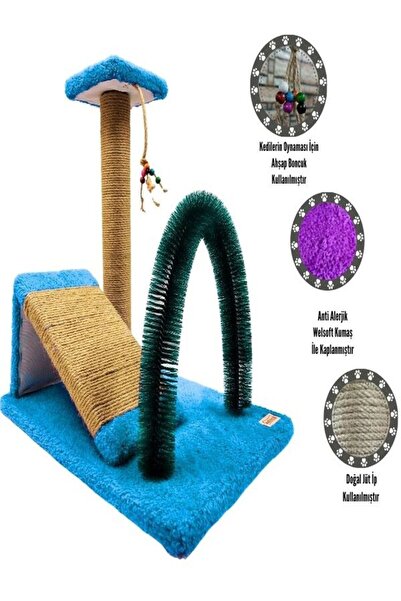 Mavi Kaktüs Kedi Tırmala + Kedi Rampası + Kedi Fırçası 3'lü Set Takım