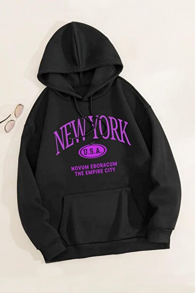 FULL TOLERANCE Pulover alb imprimat New York cu glugă Denfa de damă