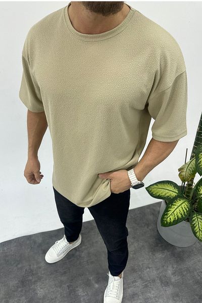 MADZEYMODA Ανδρικό μπλουζάκι Oversize Mold Crew Neck Jacquard Beige T-shirt