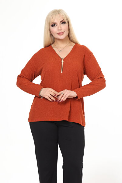 garajmood Tile V-neck Zippered Knitwear Large Size Sweater
