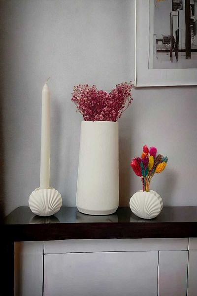 RAİSE STYLE Cylinder Long Vase 20 cm 2-Piece Clamshell Vase and Candlut Set of 3