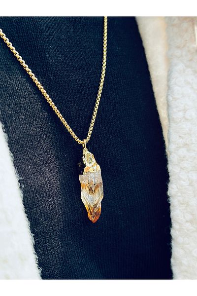 CAPO by Aytaç Yamaç Natural Stone Citrine Necklace Pendant Steel Chain Necklace 65cm 2mm