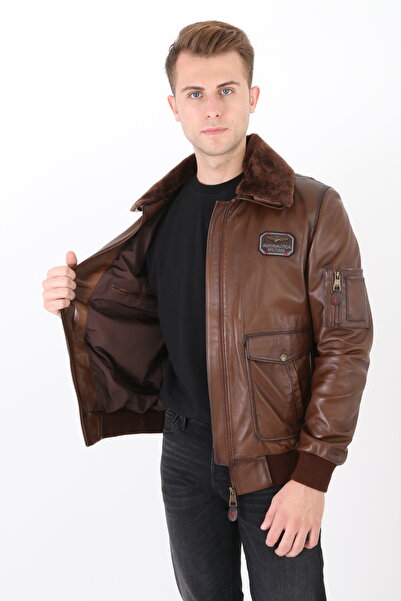 NYC GİYİM TEKSTİL Pilot mont hakiki deri erkek kahve renk