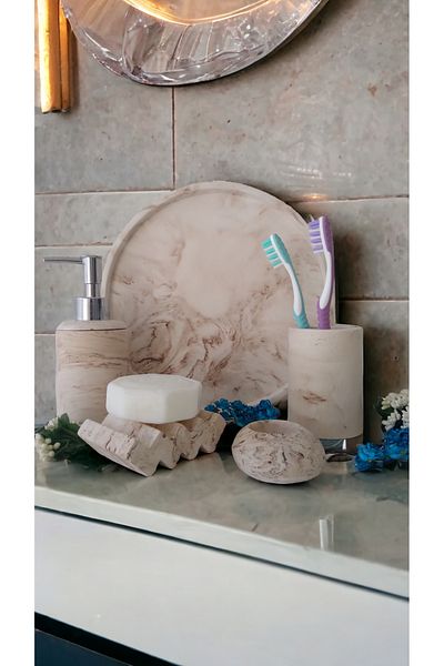Trust Stone Σετ μπάνιου Marble Beige Series, Σετ αξεσουάρ από σκυρόδεμα οδοντόβουρτσας διανομής υγρού σαπουνιού
